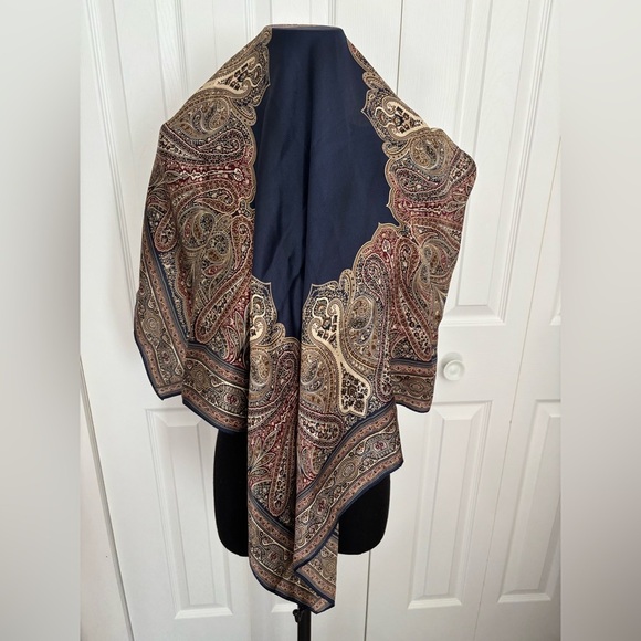 Echo Cream and Blue Paisley Scarf - 100% Silk 30X31 - Picture 3 of 7